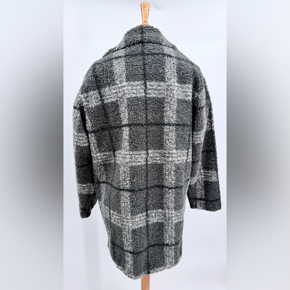 NVLT Plaid Faux Leather Trim Berber Sherpa Teddy Shacket Coat NWOT - Picture 4 of 12